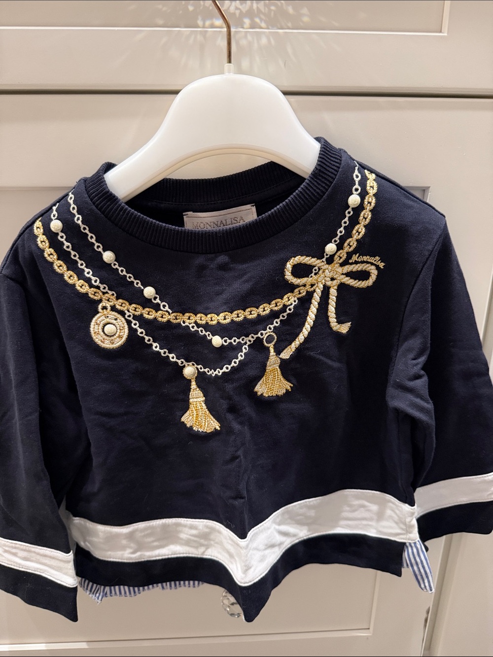 MonnaLisa Navy Sweatshirt with Gold Embellished Necklace Motif